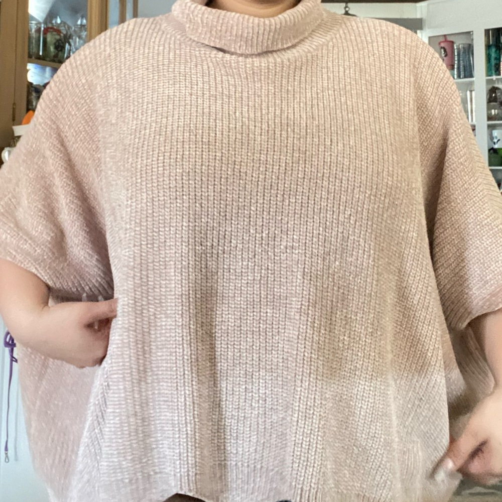 Lumiere Tan sweater poncho turtleneck with scalloped bottom